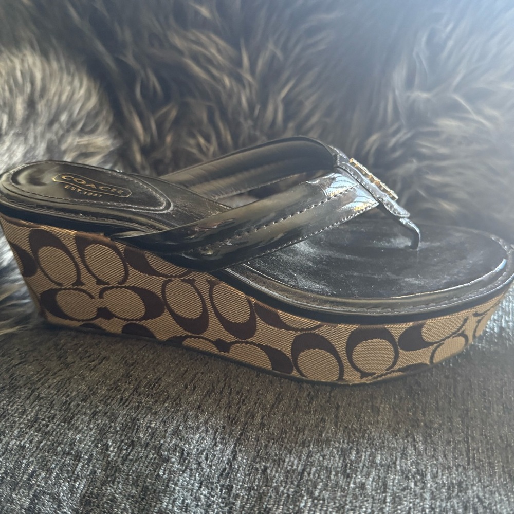 Coach Nella Patent Wedge Signature Slip On Sandals